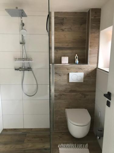 a bathroom with a toilet and a shower at Apart am Inn in Pfunds