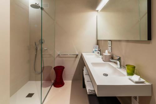 a bathroom with a sink and a glass shower at Suites Hotel Astor in Belluno