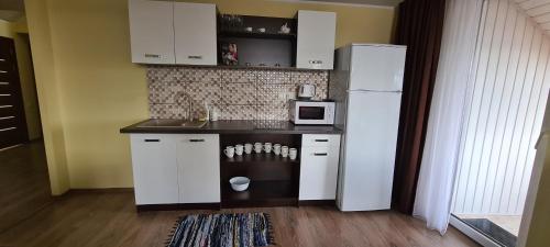 a kitchen with a white refrigerator and a microwave at Sauliaus apartamentai VIP in Panevėžys
