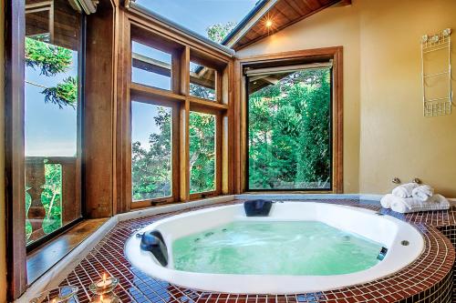 bañera grande en una habitación con ventanas en Pousada Recanto Vila das Flores, en Campos do Jordão