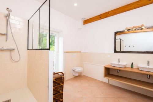 a bathroom with a toilet and a sink and a mirror at Domaine Calmel & Joseph in Montirat