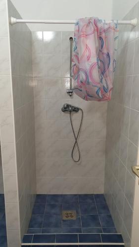 y baño con ducha con cabezal de ducha. en Larida Vendégház, en Sarud
