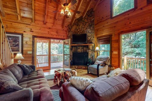 a living room with couches and a fireplace in a cabin at Mi casa es su Casa in Blue Ridge