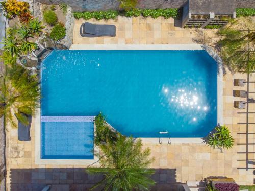 uma vista sobre uma piscina com palmeiras em Pousada Blue Viking na Praia do Francês