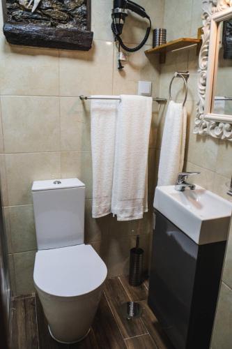 a bathroom with a toilet and a sink and towels at Montanhas do Xisto - Casa da Parreira in Candal