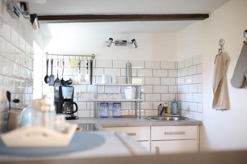 a kitchen with a sink and a counter top at Schlossweg-Apartment in Blankenburg