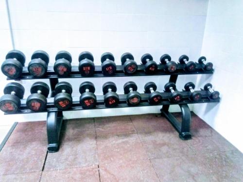a bench filled with lots of dumbbells on a wall at Al-Andalus Thalassa Home Star in Vera