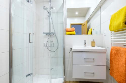 a bathroom with a shower and a sink at Alpenflora Ferienwohnungen in Ofterschwang
