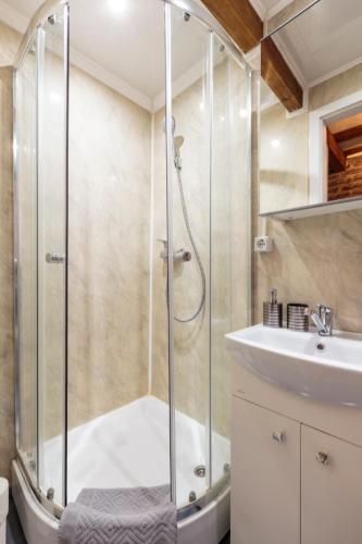 a bathroom with a shower and a sink at K&S Apartments in Berlin