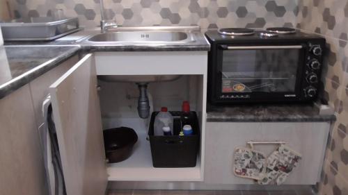 a small kitchen with a sink and a microwave at Ellada Apartment in Athens
