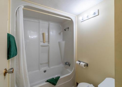 a bathroom with a shower and a toilet at Canada's Best Value Desert Inn & Suites in Cache Creek