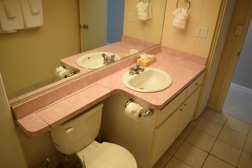 a bathroom with a sink and a toilet and a mirror at Hale Kai O'Kihei 305 in Kihei