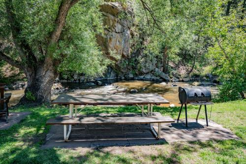 a picnic table next to a river with a grill at Colorado Bear Creek Cabins in Evergreen