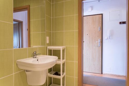 a bathroom with a sink and a mirror at Apartament Na Urlop - Wisła Sarnia - apartament przyjazny zwierzętom in Wisła