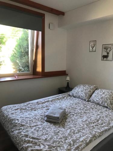 een slaapkamer met een bed met een kussen en een raam bij Lägenhet med 2 sovrum och uteplats in Oxie