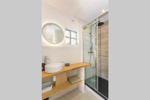 uma casa de banho com um lavatório e um chuveiro em Mini maison studio Ancienne Rénovée +Parking em Avignon