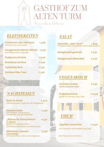 a brochure for a restaurant with a menu at Gasthof 'Zum alten Turm' in Haslach an der Mühl