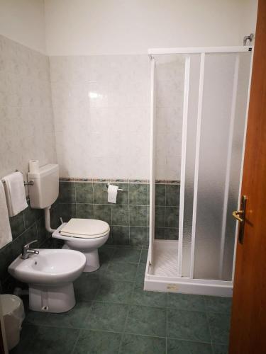 a bathroom with a toilet and a shower in it at Hotel Cavour Resort in Moncalieri