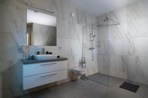 a bathroom with a sink and a toilet and a shower at Villa de Roya in Rogaška Slatina