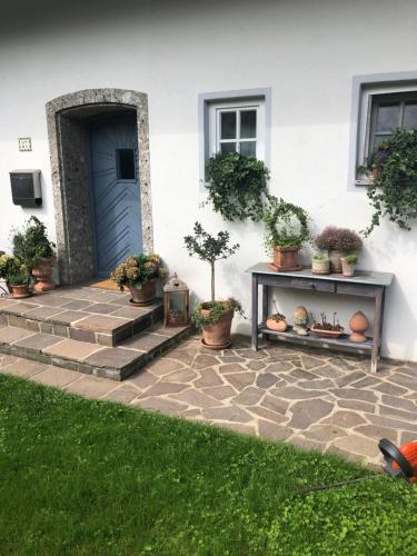 une maison avec une porte bleue et des plantes en pot dans l'établissement Bella Vista, à Laufen