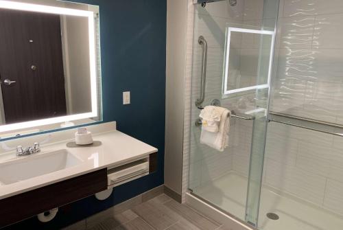 a bathroom with a glass shower and a sink at La Quinta Inn & Suites by Wyndham Holbrook Petrified Forest in Holbrook