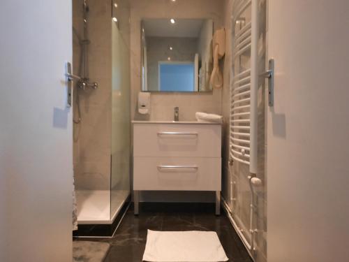 La salle de bains est pourvue d'une douche, d'un lavabo et d'un miroir. dans l'établissement Le Clémenceau Hôtel et Appart'hôtel & Restaurant "Gare Sncf" centre ville, à Valenciennes