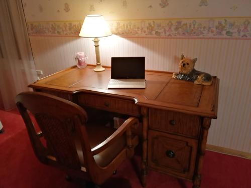 a desk with a laptop computer on top of it at Kid's House in Padure