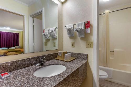 a bathroom with a sink and a toilet and a mirror at Econo Lodge in Saint George