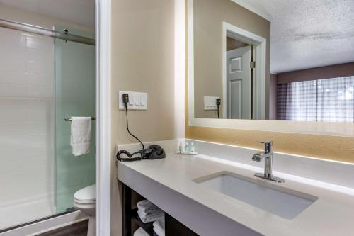 a bathroom with a sink and a mirror and a toilet at Quality Inn & Suites in Pawleys Island