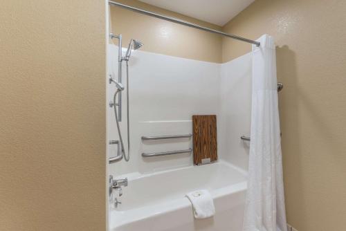 uma casa de banho com um chuveiro e uma banheira branca em Quality Inn & Suites Hendersonville - Flat Rock em Flat Rock