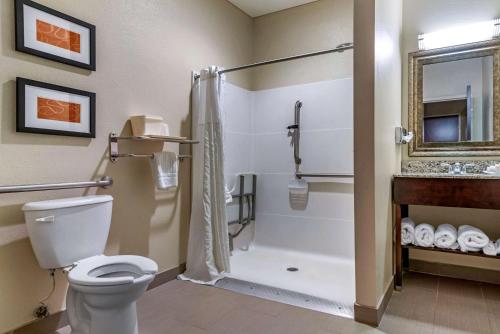 a bathroom with a toilet and a shower and a sink at Comfort Suites Biloxi/Ocean Springs in Biloxi