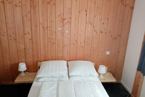 um quarto com 2 camas e paredes de madeira em Gîte de Granit Bleu em Besse-et-Saint-Anastaise
