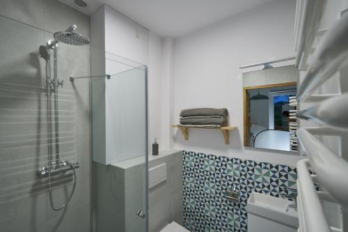 a bathroom with a shower and a sink and a mirror at Apartamenty Ponidzie in Busko-Zdrój