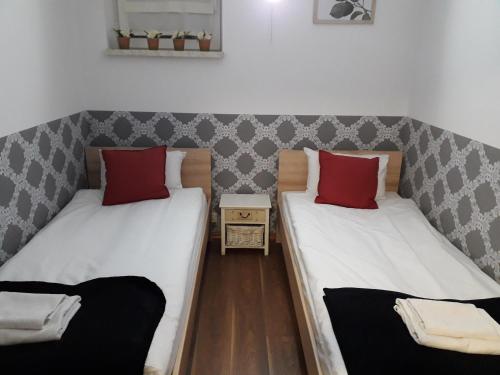 2 łóżka w małym pokoju z czerwonymi poduszkami w obiekcie Apartament Villa Magnolia w Oświęcimiu