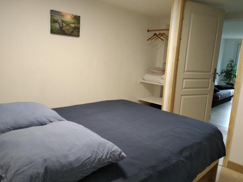 a bedroom with a bed with a blue blanket at Belle vue au coeur de la verdure in Aisey-sur-Seine
