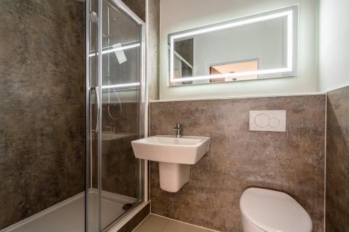 a bathroom with a toilet and a sink and a shower at Central Penthouse with Hot Tub & Views 23 in Cheltenham