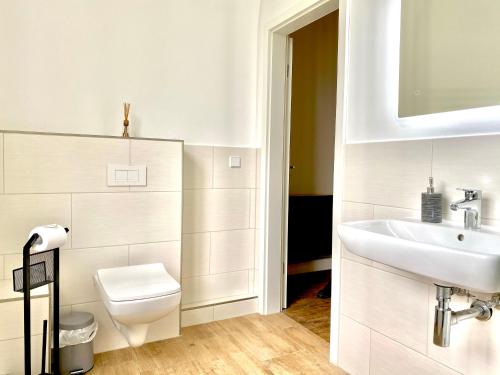 a white bathroom with a sink and a toilet at Villa Schomberg in Spremberg