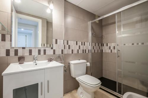 y baño con aseo, lavabo y ducha. en Apartamento cerca del Alcázar con garaje privado en Sevilla