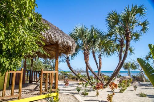 a beach with palm trees and a hut at Antsanitia Resort in Mahajanga