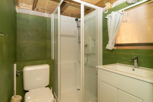 a bathroom with a shower and a toilet and a sink at Club del Sole Adriano Family Collection in Punta Marina