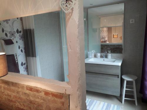 a bathroom with a sink and a mirror at Les Trois Pommiers in Sommery
