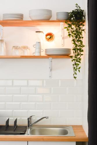 - une cuisine avec un évier et une étagère avec de la vaisselle dans l'établissement L'indépendant de la rue du Tapis Vert - Appt Nancy, à Nancy