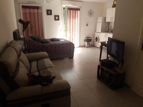 Una sala de estar con un sofá, una cama y un televisor. en Clos des lys, en Vittel