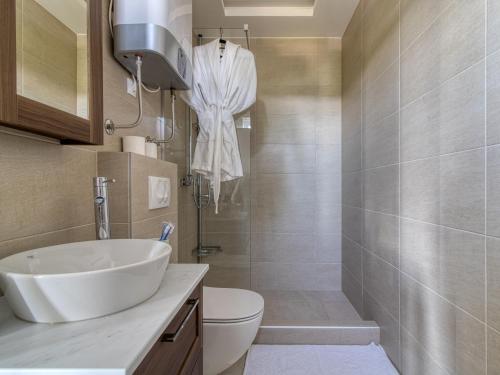 La salle de bains est pourvue d'un lavabo, de toilettes et d'une douche. dans l'établissement Prenociste Dunav 97 K3, à Novi Banovci