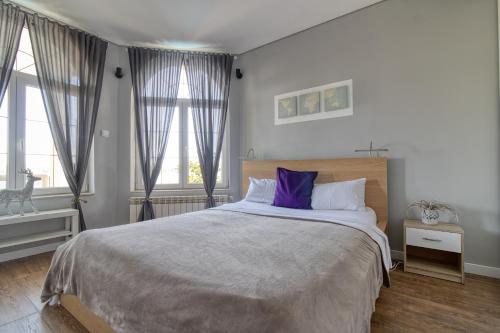 a bedroom with a large bed with a purple pillow at Prenociste Dunav 97 K3 in Novi Banovci