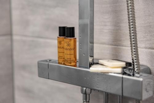 a shelf in a bathroom with two bottles of soap at Ludvika Stadshotell in Ludvika
