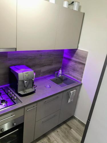 特爾古穆列什的住宿－Apartament Gabriela，厨房在柜台上配有紫色照明