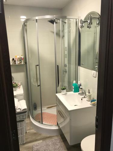 特爾古穆列什的住宿－Apartament Gabriela，带淋浴和盥洗盆的浴室