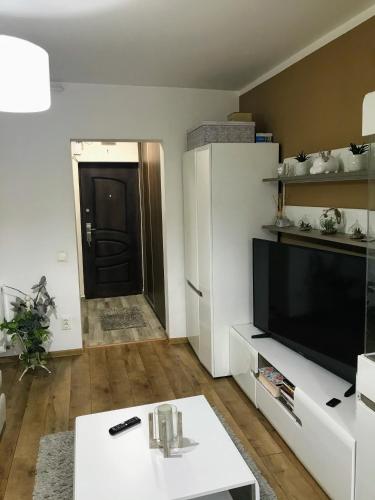 特爾古穆列什的住宿－Apartament Gabriela，客厅配有电视和白色桌子