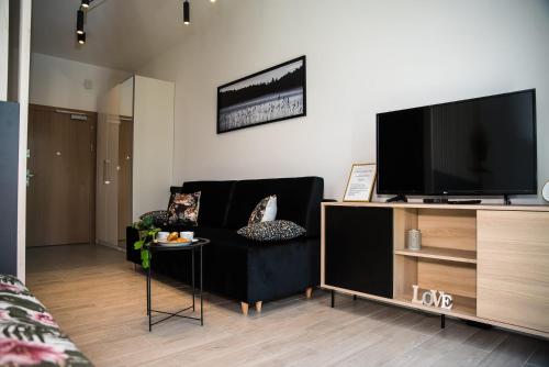EASY RENT Apartments - BUSINESS CENTER 41 في لوبلين: غرفة معيشة مع أريكة سوداء وتلفزيون بشاشة مسطحة